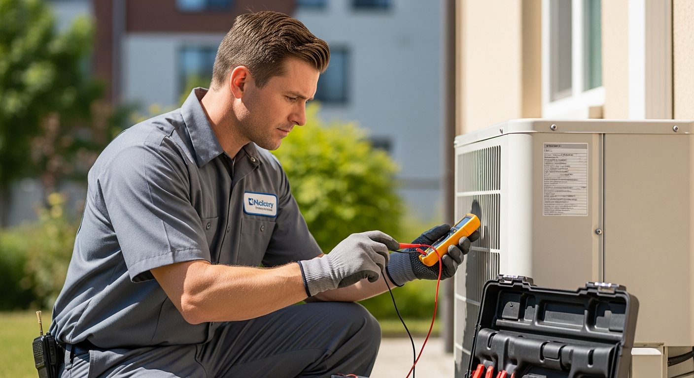 Junior Collins HVAC technician inspecting heating and cooling equipment